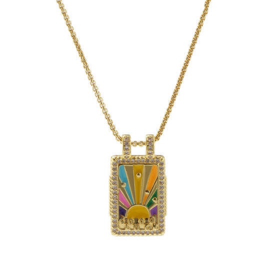 Picture of 1 Piece Eco-friendly Retro Ethnic 18K Real Gold Plated Multicolor Brass Link Cable Chain Rectangle Sun Enamel Pendant Charm Necklace For Women Gift 45cm(17.7") + 5cm(2") long