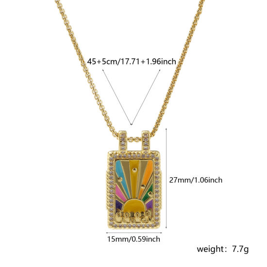 Picture of 1 Piece Eco-friendly Retro Ethnic 18K Real Gold Plated Multicolor Brass Link Cable Chain Rectangle Sun Enamel Pendant Charm Necklace For Women Gift 45cm(17.7") + 5cm(2") long