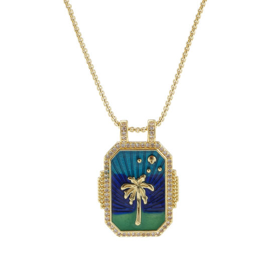 Picture of 1 Piece Eco-friendly Retro Ethnic 18K Real Gold Plated Green Blue Brass Link Cable Chain Rectangle Coconut Palm Tree Enamel Pendant Charm Necklace For Women Gift 45cm(17.7") + 5cm(2") long