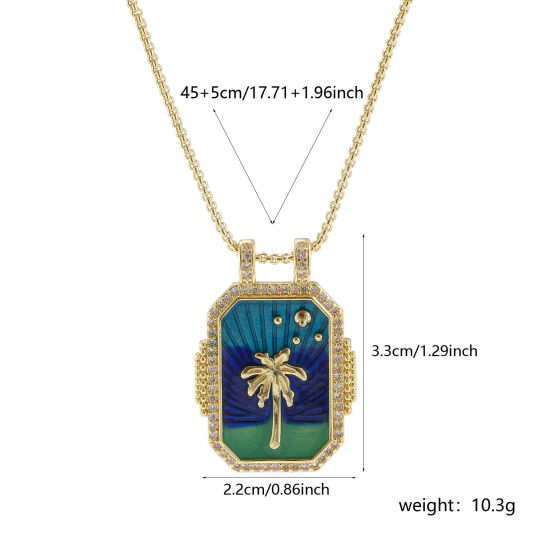 Picture of 1 Piece Eco-friendly Retro Ethnic 18K Real Gold Plated Green Blue Brass Link Cable Chain Rectangle Coconut Palm Tree Enamel Pendant Charm Necklace For Women Gift 45cm(17.7") + 5cm(2") long