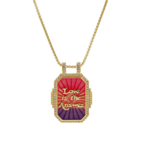 Picture of 1 Piece Eco-friendly Retro Ethnic 18K Real Gold Plated Multicolor Brass Link Cable Chain Rectangle Message " Love Is The Answer " Enamel Pendant Charm Necklace For Women Gift 45cm(17.7") + 5cm(2") long