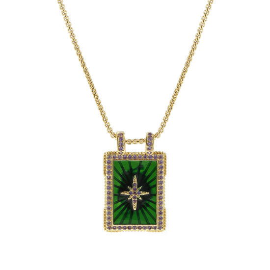Picture of 1 Piece Eco-friendly Retro Ethnic 18K Real Gold Plated Green Brass Link Cable Chain Rectangle Star Enamel Pendant Charm Necklace For Women Gift 45cm(17.7") + 5cm(2") long