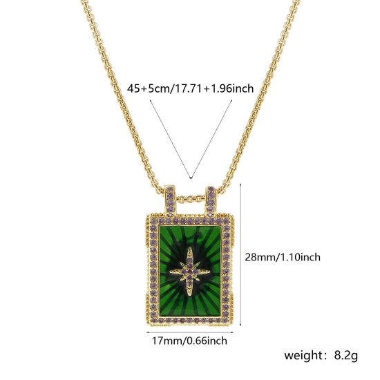 Picture of 1 Piece Eco-friendly Retro Ethnic 18K Real Gold Plated Green Brass Link Cable Chain Rectangle Star Enamel Pendant Charm Necklace For Women Gift 45cm(17.7") + 5cm(2") long