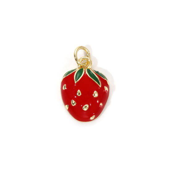 Picture of 2 PCs Eco-friendly Brass Charms 18K Real Gold Plated Red Enamel Strawberry Fruit 19mm x 11.5mm