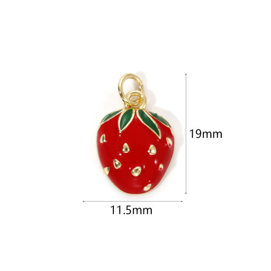 Picture of 2 PCs Eco-friendly Brass Charms 18K Real Gold Plated Red Enamel Strawberry Fruit 19mm x 11.5mm