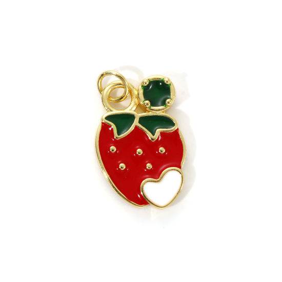 Picture of 2 PCs Eco-friendly Brass Charms 18K Real Gold Plated Red Enamel Strawberry Fruit Heart 22mm x 13mm