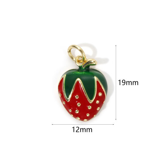 Picture of 2 PCs Eco-friendly Brass Charms 18K Real Gold Plated Red Enamel Strawberry Fruit 19mm x 12mm