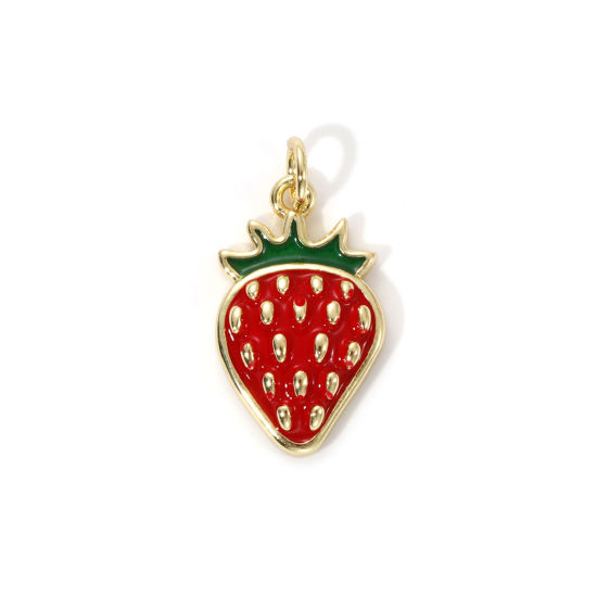 Picture of 2 PCs Eco-friendly Brass Charms 18K Real Gold Plated Red Enamel Strawberry Fruit 22mm x 11.5mm
