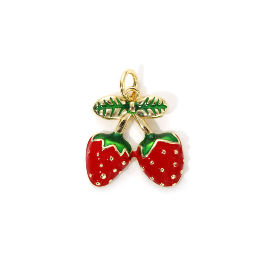 Picture of 2 PCs Eco-friendly Brass Charms 18K Real Gold Plated Red Enamel Strawberry Fruit 19mm x 15mm