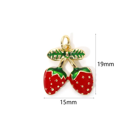 Picture of 2 PCs Eco-friendly Brass Charms 18K Real Gold Plated Red Enamel Strawberry Fruit 19mm x 15mm