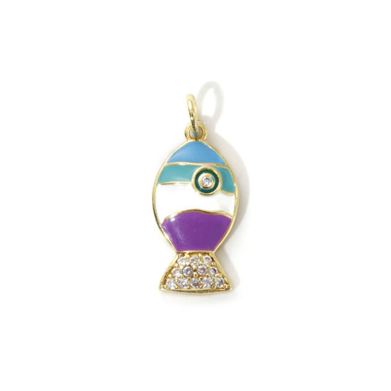 Imagen de 2 Unidades Respetuoso del Medio Ambiente Latón Joyería del océano Colgantes 18K Oro Real Chapado Multicolor Esmalte Pez Claro Circón Artificial 22mm x 10mm