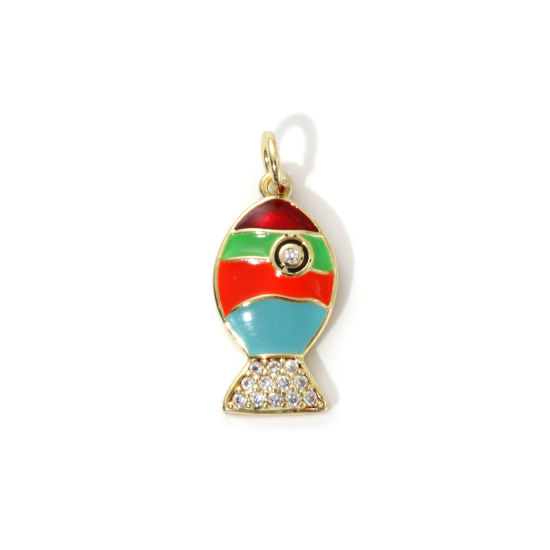 Imagen de 2 Unidades Respetuoso del Medio Ambiente Latón Joyería del océano Colgantes 18K Oro Real Chapado Multicolor Esmalte Pez Claro Circón Artificial 22mm x 10mm