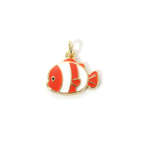 Imagen de 2 Unidades Respetuoso del Medio Ambiente Latón Joyería del océano Colgantes 18K Oro Real Chapado Blanco & Naranja Esmalte Pez 13mm x 13mm