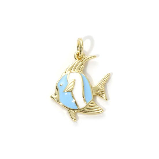 Imagen de 2 Unidades Respetuoso del Medio Ambiente Latón Joyería del océano Colgantes 18K Oro Real Chapado Azul Claro Esmalte Pez de colores 21mm x 14mm