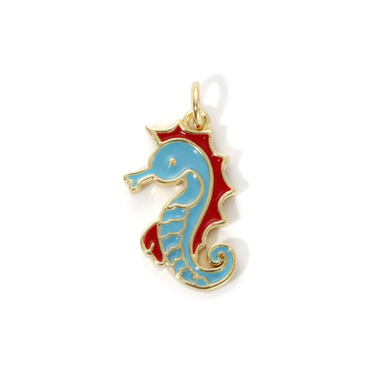 Imagen de 2 Unidades Respetuoso del Medio Ambiente Latón Joyería del océano Colgantes 18K Oro Real Chapado Azul Esmalte Caballito de mar 22mm x 12mm