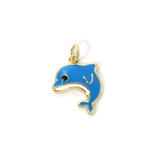 Imagen de 2 Unidades Respetuoso del Medio Ambiente Latón Joyería del océano Colgantes 18K Oro Real Chapado Azul Cielo Esmalte Delfín 19mm x 13mm