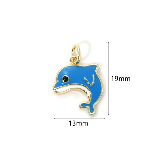 Imagen de 2 Unidades Respetuoso del Medio Ambiente Latón Joyería del océano Colgantes 18K Oro Real Chapado Azul Cielo Esmalte Delfín 19mm x 13mm