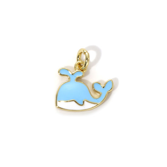 Imagen de 2 Unidades Respetuoso del Medio Ambiente Latón Joyería del océano Colgantes 18K Oro Real Chapado Azul Claro Esmalte Ballena 12mm x 11mm