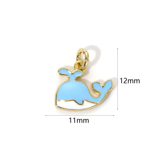 Imagen de 2 Unidades Respetuoso del Medio Ambiente Latón Joyería del océano Colgantes 18K Oro Real Chapado Azul Claro Esmalte Ballena 12mm x 11mm