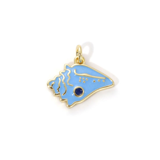 Imagen de 2 Unidades Respetuoso del Medio Ambiente Latón Colgantes 18K Oro Real Chapado Azul Esmalte Caracola 14mm x 14mm