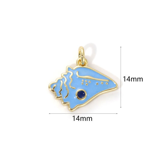 Imagen de 2 Unidades Respetuoso del Medio Ambiente Latón Colgantes 18K Oro Real Chapado Azul Esmalte Caracola 14mm x 14mm
