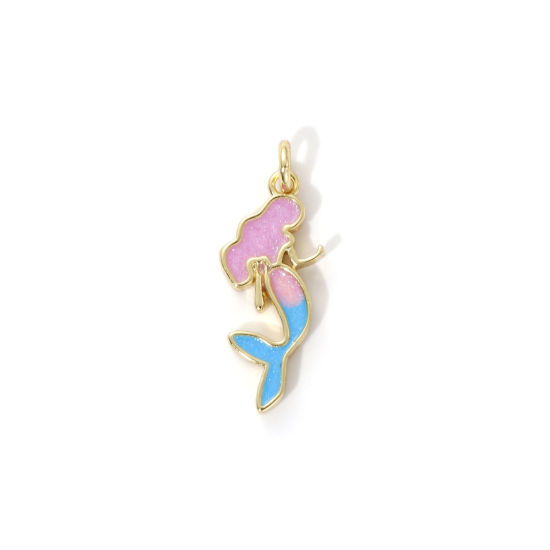 Imagen de 2 Unidades Respetuoso del Medio Ambiente Latón Cuento de hadas Colgantes 18K Oro Real Chapado Azul & Rosa Esmalte Sirena Perlado 20mm x 8mm