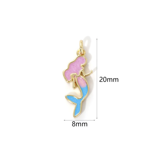Imagen de 2 Unidades Respetuoso del Medio Ambiente Latón Cuento de hadas Colgantes 18K Oro Real Chapado Azul & Rosa Esmalte Sirena Perlado 20mm x 8mm