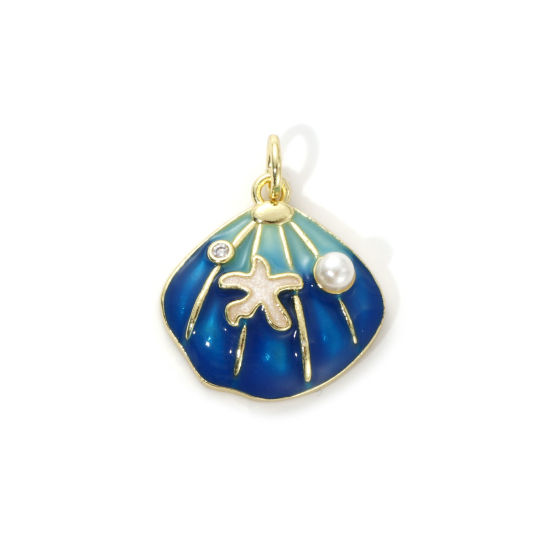 Imagen de 2 Unidades Respetuoso del Medio Ambiente Latón Joyería del océano Colgantes 18K Oro Real Chapado Azul Oscuro Esmalte Concha Estrella de Mar Acrílico Imitación de Perla Claro Circón Artificial 21mm x 17mm