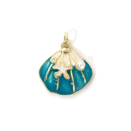Imagen de 2 Unidades Respetuoso del Medio Ambiente Latón Joyería del océano Colgantes 18K Oro Real Chapado Verde Pavo Real Esmalte Concha Estrella de Mar Acrílico Imitación de Perla Claro Circón Artificial 21mm x 17mm