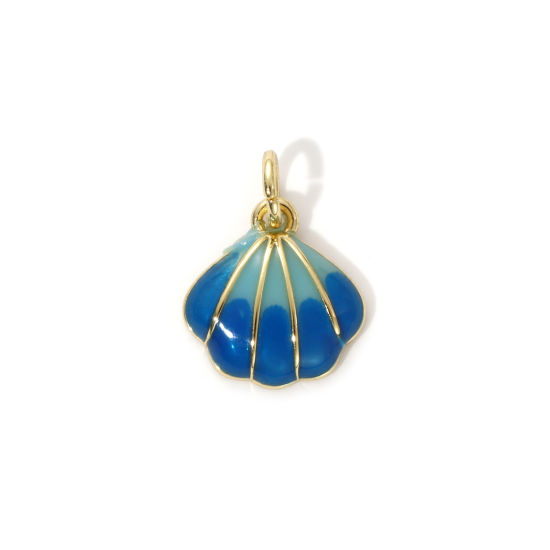 Imagen de 2 Unidades Respetuoso del Medio Ambiente Latón Joyería del océano Colgantes 18K Oro Real Chapado Azul Oscuro Esmalte Concha 16mm x 12mm