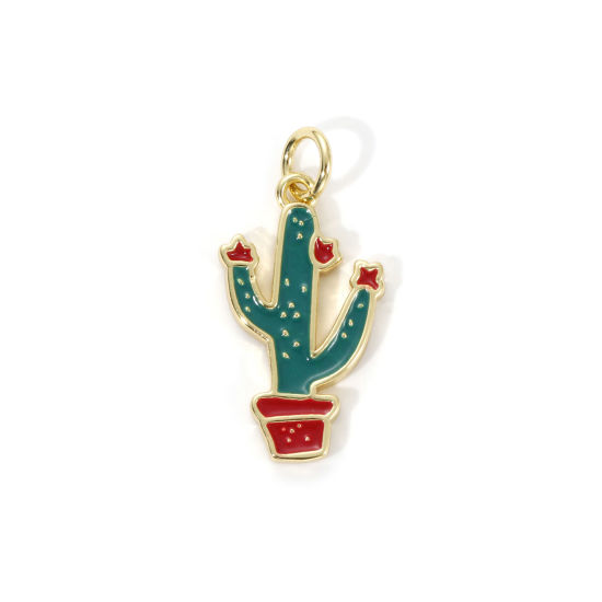 Immagine di 2 Pz Ecologico Ottone Cowboy dell'Ovest Ciondoli 18K Vero Oro Placcato Verde Smalto Cactus Pianta in Caso 23mm x 11mm