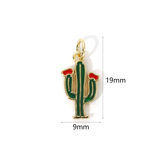 Immagine di 2 Pz Ecologico Ottone Cowboy dell'Ovest Ciondoli 18K Vero Oro Placcato Verde Smalto Cactus 23mm x 11mm