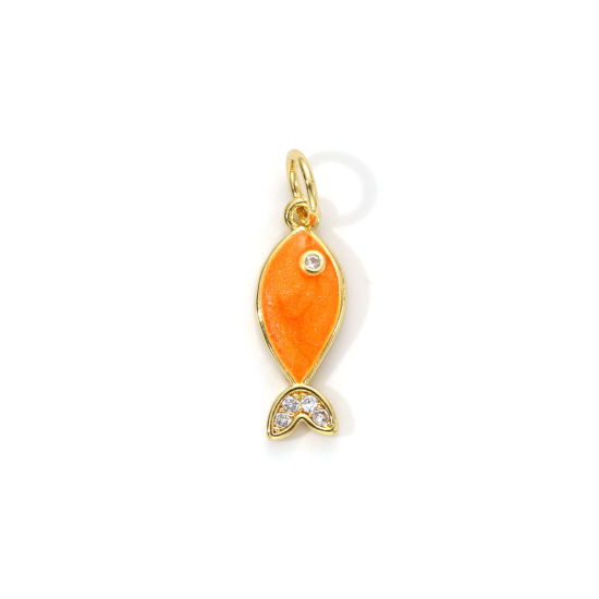 Picture of 1 Piece Eco-friendly Brass Ocean Jewelry Charms 18K Real Gold Plated Orange Enamel Fish Animal Pearlized Clear Cubic Zirconia 19mm x 6mm