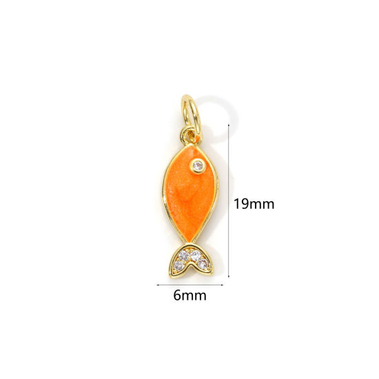 Picture of 1 Piece Eco-friendly Brass Ocean Jewelry Charms 18K Real Gold Plated Orange Enamel Fish Animal Pearlized Clear Cubic Zirconia 19mm x 6mm