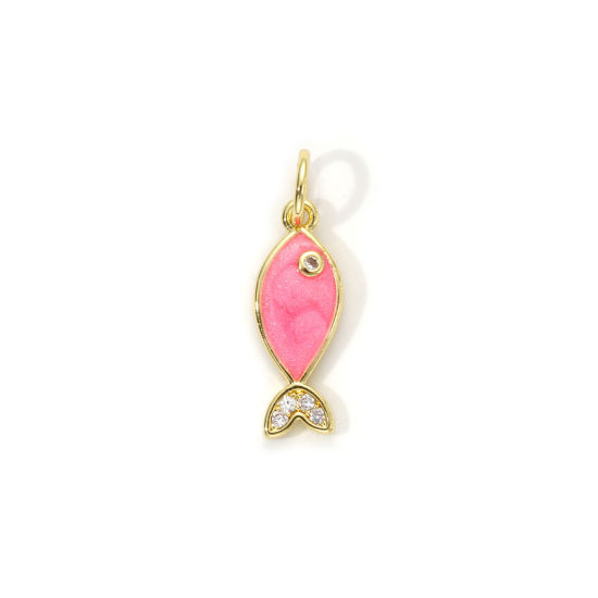 Picture of 1 Piece Eco-friendly Brass Ocean Jewelry Charms 18K Real Gold Plated Pink Enamel Fish Animal Pearlized Clear Cubic Zirconia 19mm x 6mm