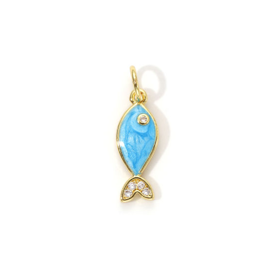 Picture of 1 Piece Eco-friendly Brass Ocean Jewelry Charms 18K Real Gold Plated Blue Enamel Fish Animal Pearlized Clear Cubic Zirconia 19mm x 6mm