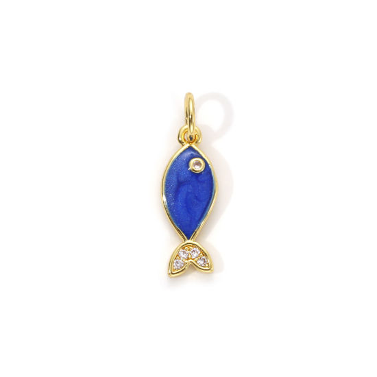 Picture of 1 Piece Eco-friendly Brass Ocean Jewelry Charms 18K Real Gold Plated Dark Blue Enamel Fish Animal Pearlized Clear Cubic Zirconia 19mm x 6mm