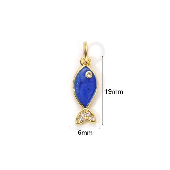 Picture of 1 Piece Eco-friendly Brass Ocean Jewelry Charms 18K Real Gold Plated Dark Blue Enamel Fish Animal Pearlized Clear Cubic Zirconia 19mm x 6mm