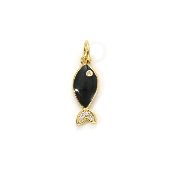 Picture of 1 Piece Eco-friendly Brass Ocean Jewelry Charms 18K Real Gold Plated Black Enamel Fish Animal Pearlized Clear Cubic Zirconia 19mm x 6mm