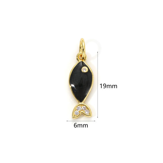 Picture of 1 Piece Eco-friendly Brass Ocean Jewelry Charms 18K Real Gold Plated Black Enamel Fish Animal Pearlized Clear Cubic Zirconia 19mm x 6mm