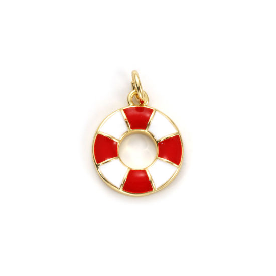 Picture of 2 PCs Eco-friendly Brass Charms 18K Real Gold Plated White & Red Enamel Lifebuoy 19mm x 13mm
