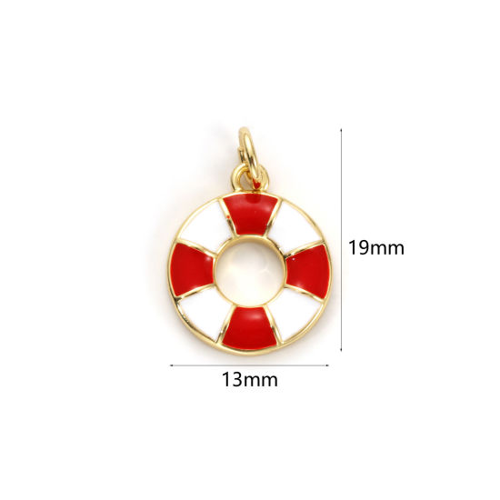 Picture of 2 PCs Eco-friendly Brass Charms 18K Real Gold Plated White & Red Enamel Lifebuoy 19mm x 13mm