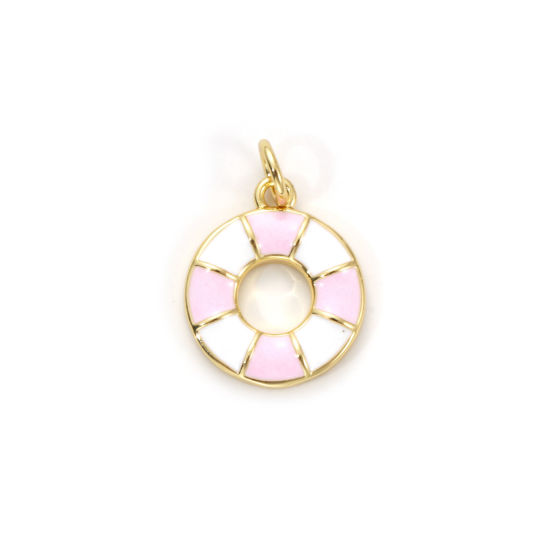 Picture of 2 PCs Eco-friendly Brass Charms 18K Real Gold Plated White & Pink Enamel Lifebuoy 19mm x 13mm