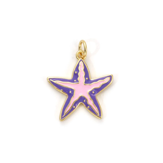 Picture of 2 PCs Eco-friendly Brass Ocean Jewelry Charms 18K Real Gold Plated Pink & Purple Enamel Star Fish 23mm x 18mm