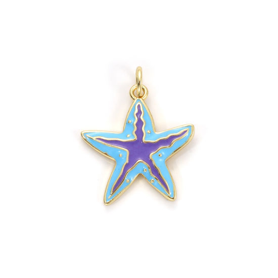 Picture of 2 PCs Eco-friendly Brass Ocean Jewelry Charms 18K Real Gold Plated Purple & Blue Enamel Star Fish 23mm x 18mm