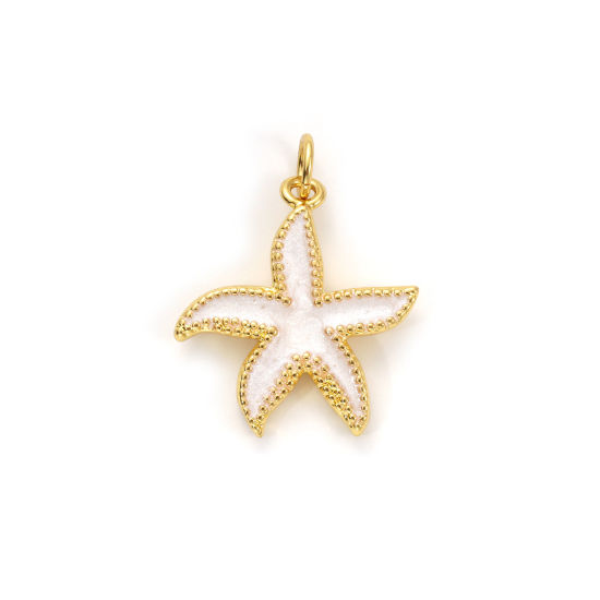 Picture of 2 PCs Eco-friendly Brass Ocean Jewelry Charms 18K Real Gold Plated White Enamel Star Fish Pearlized 24mm x 19mm