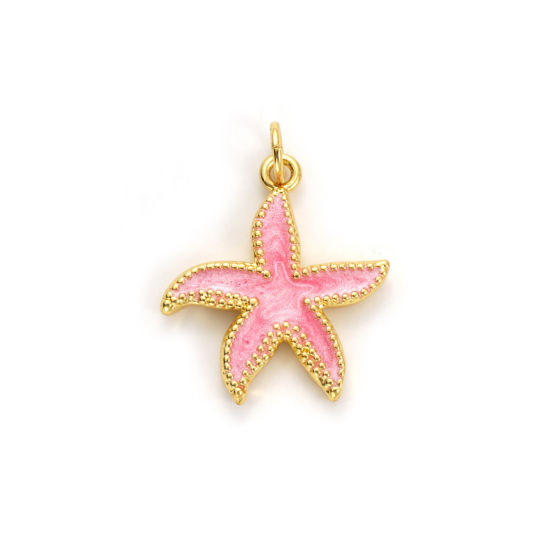 Picture of 2 PCs Eco-friendly Brass Ocean Jewelry Charms 18K Real Gold Plated Pink Enamel Star Fish Pearlized 24mm x 19mm