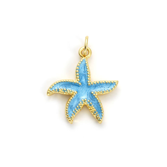 Picture of 2 PCs Eco-friendly Brass Ocean Jewelry Charms 18K Real Gold Plated Blue Enamel Star Fish Pearlized 24mm x 19mm