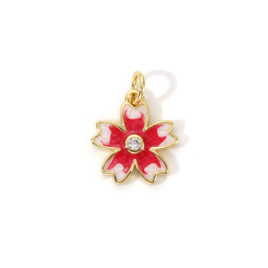 Immagine di 2 PCs Eco-friendly Brass Charms 18K Real Gold Plated Red Enamel Sakura Flower Pearlized 17mm x 13mm