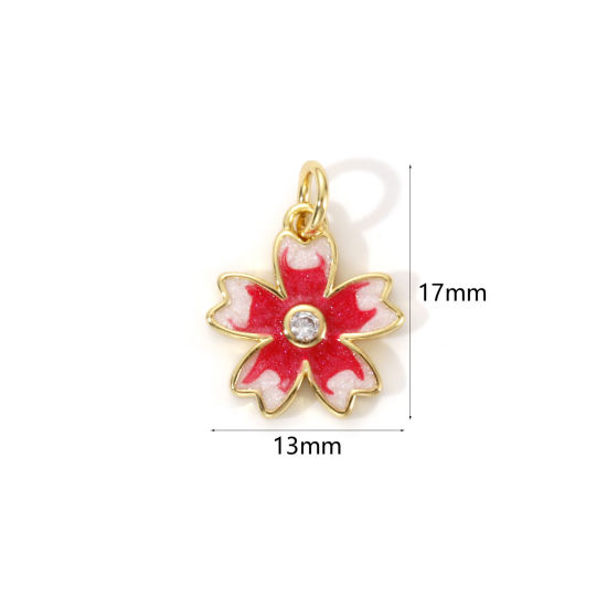 Immagine di 2 PCs Eco-friendly Brass Charms 18K Real Gold Plated Red Enamel Sakura Flower Pearlized 17mm x 13mm